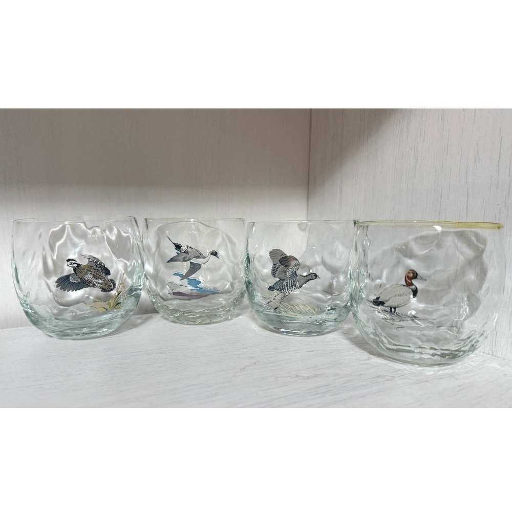 4 Vtg Ned Smith WATERFOWL Optic 3 1/2" 14 Oz Double Old-Fashioned Roly Glasses